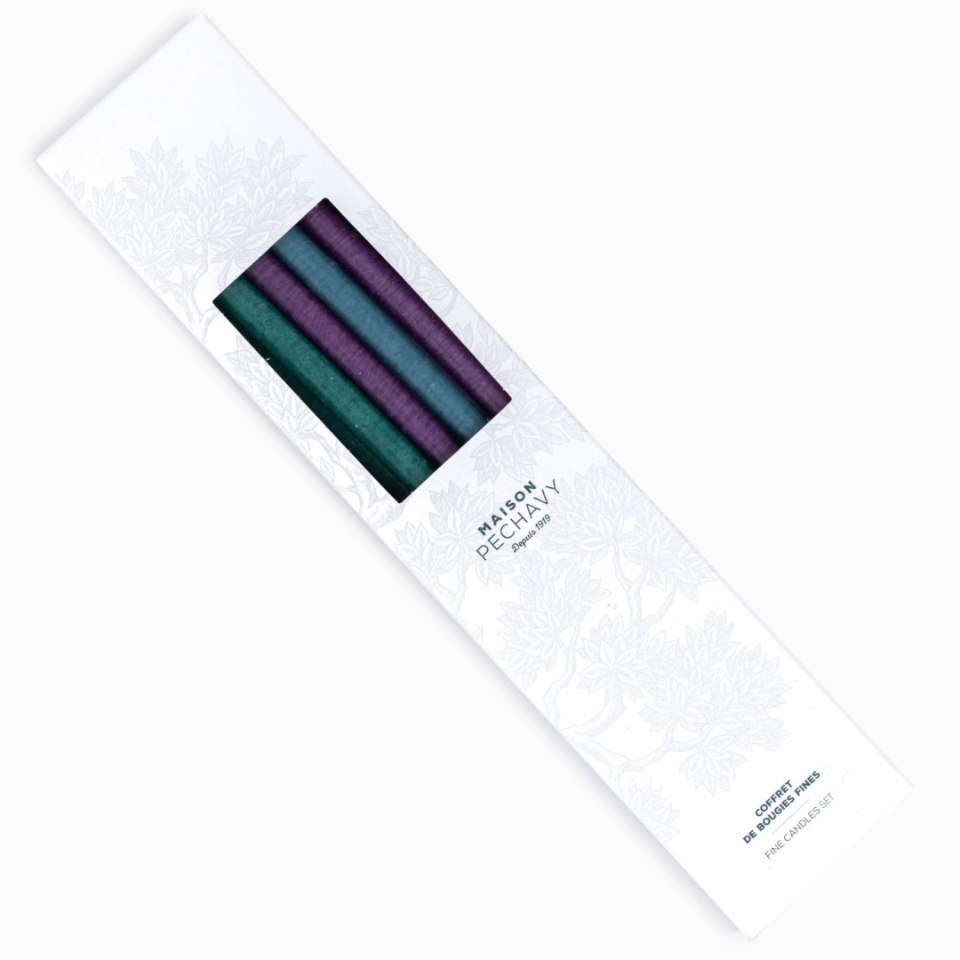 Pack of fine taper candles in shades of blue and purple