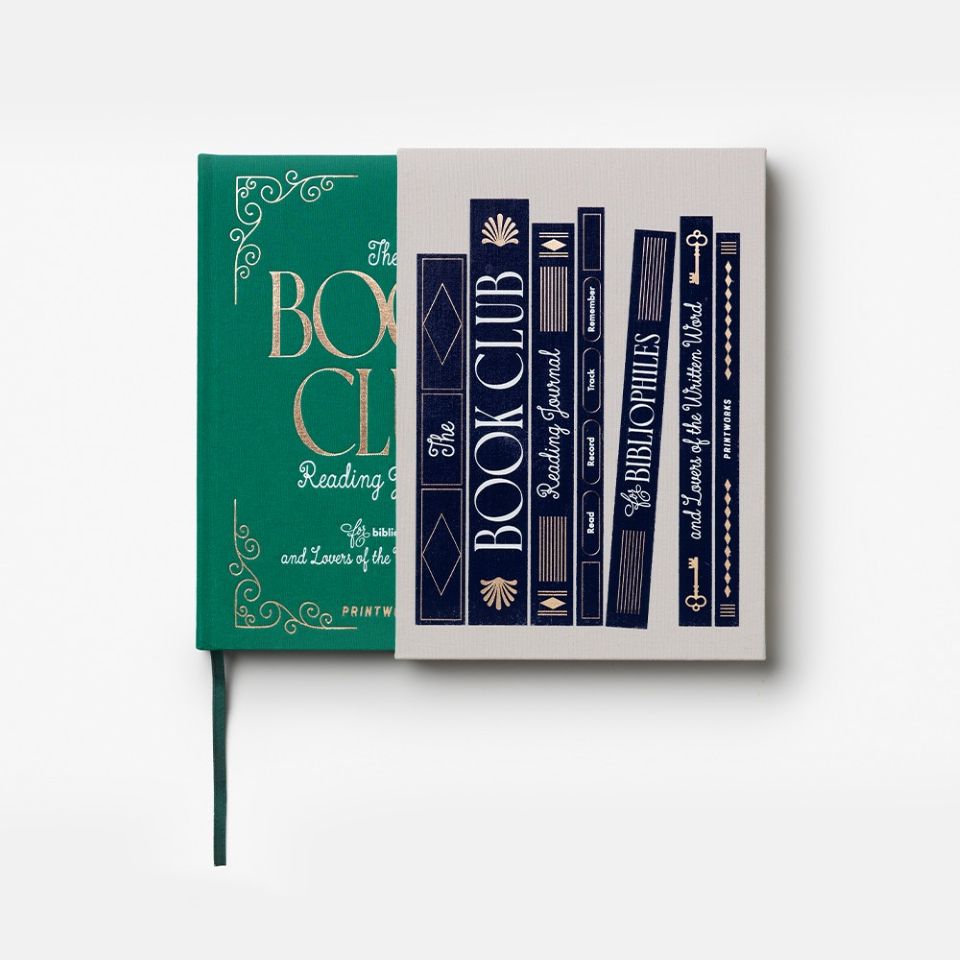 Book in a slip cover with 'The Book Club' theme on a white background
