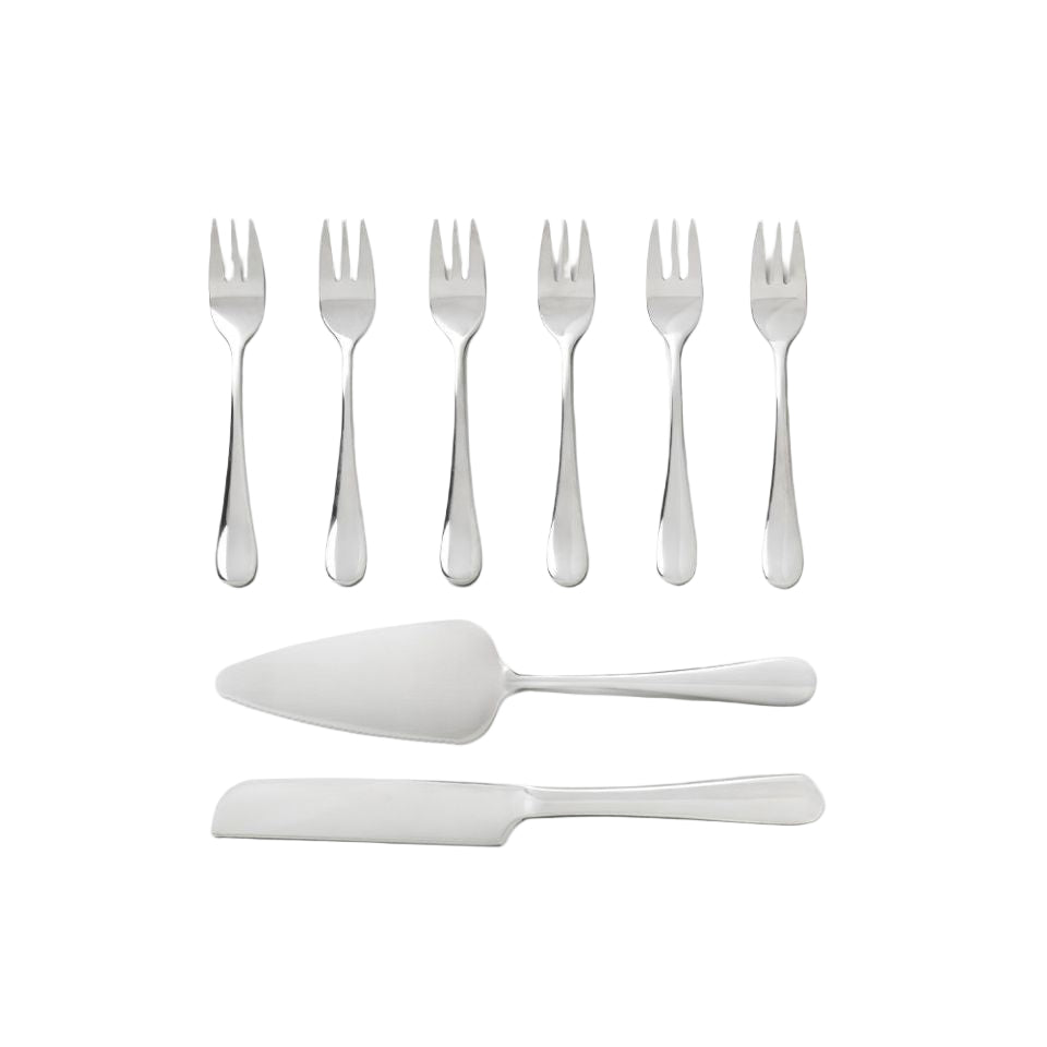 Set of cake forks and a cake server on a white background