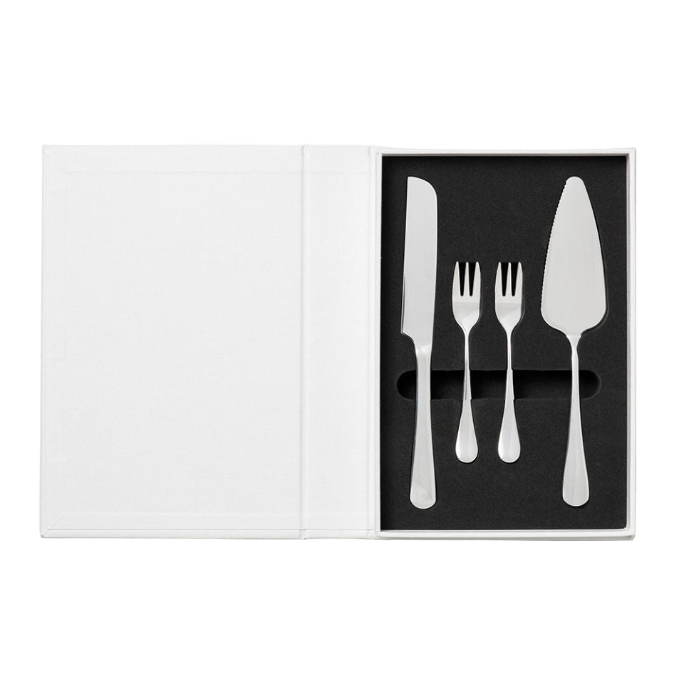 Set of cutlery including a knife, fork, and cake server in an open box on a white background.