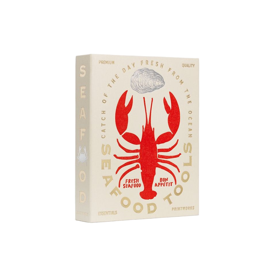 Beige box with red lobster illustration and seafood text on a white background