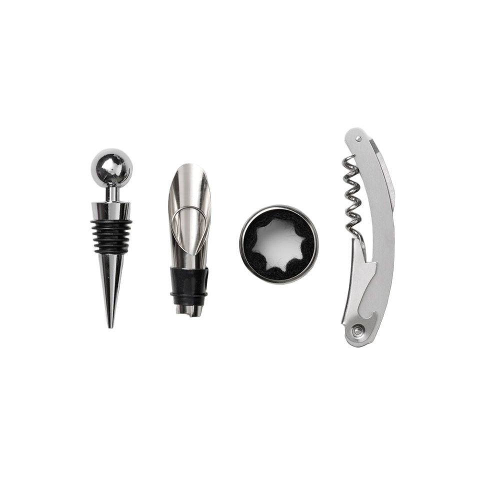 Set of wine tools including a bottle stopper, foil cutter, and corkscrew on a white background