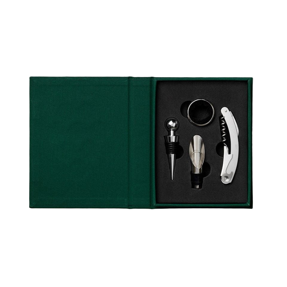 Wine accessory set including a bottle opener, cork screw, and stopper in a green box on a white background