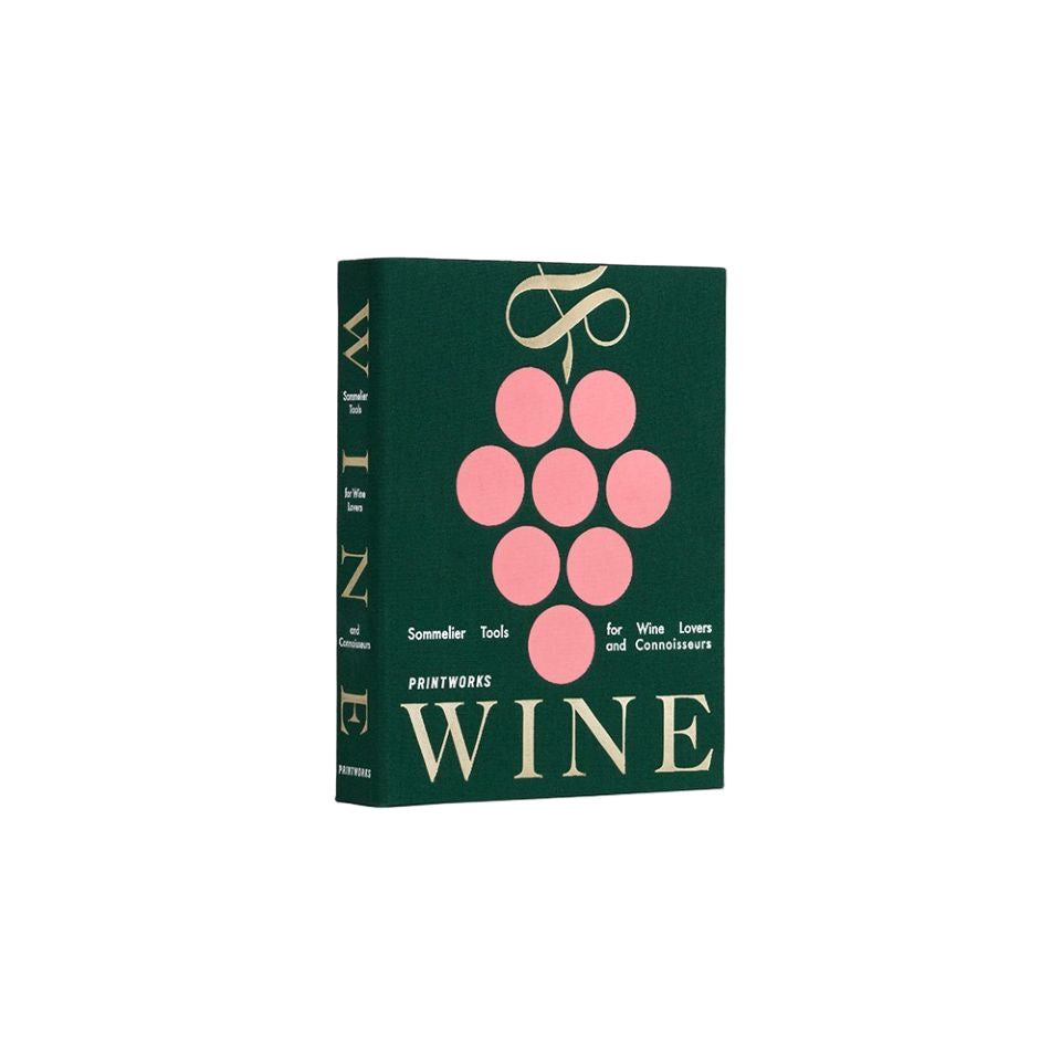 Box that looks like a Book titled 'WINE' with pink grape illustration on a green background