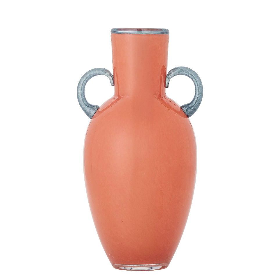 Orange-colored vase with two blue handles on a white background