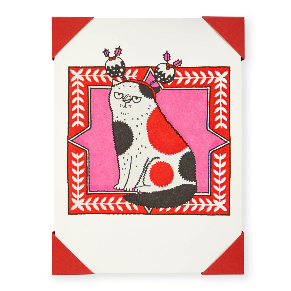 Card with a stylized cat illustration in a decorative frame on a white background