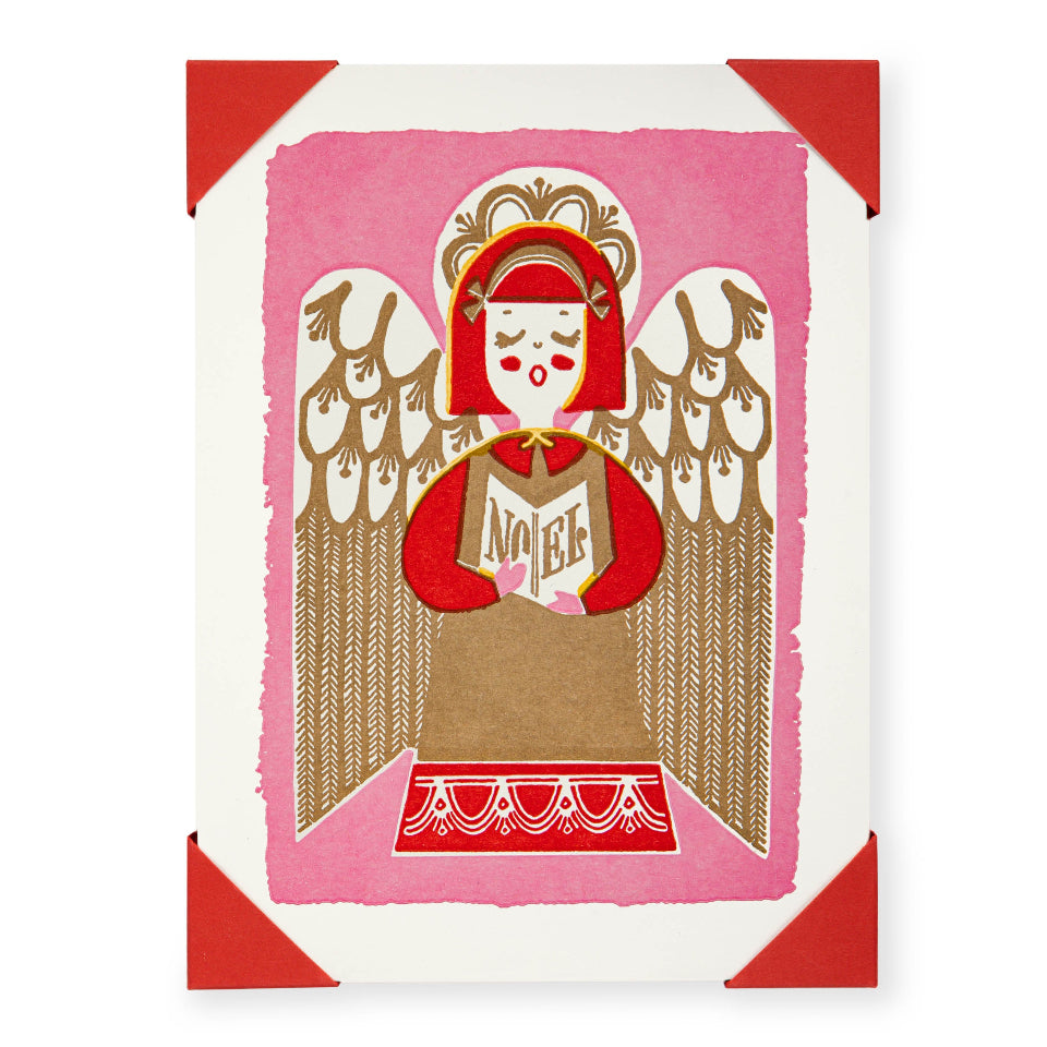 Card with a stylized angel design on a white background