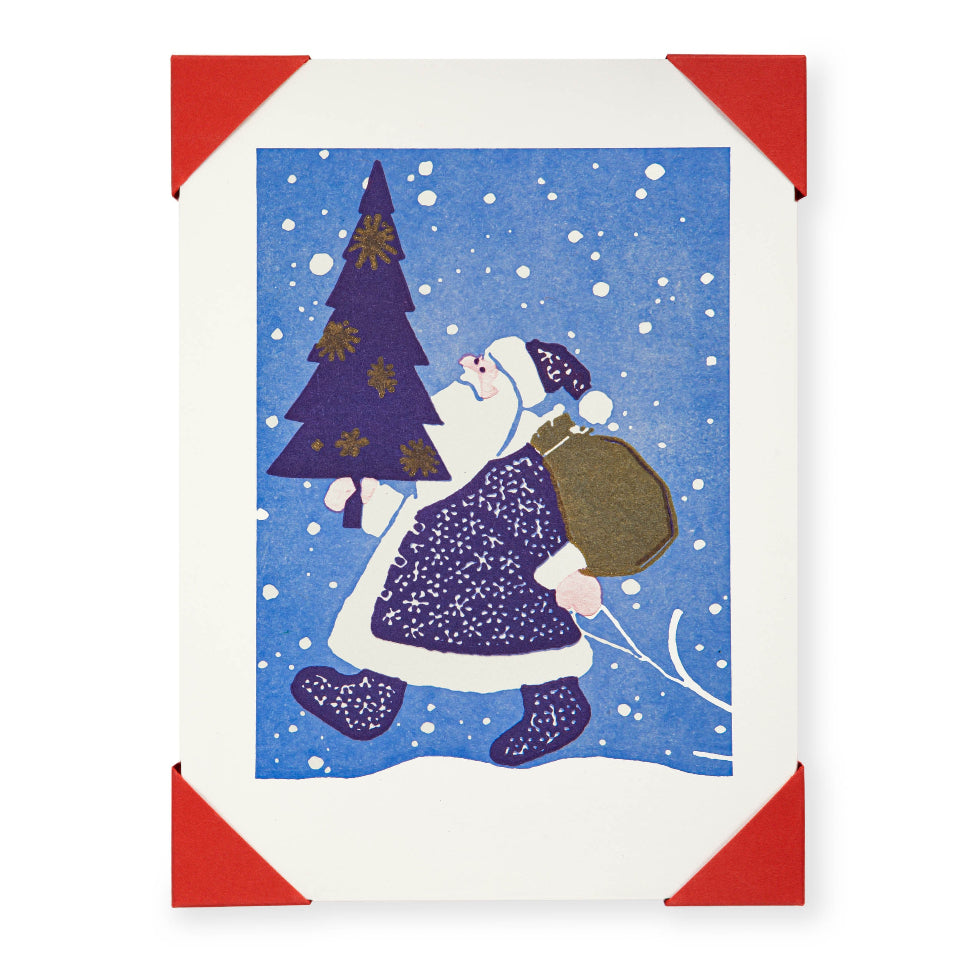 Christmas card with a blue Santa Claus holding a tree on a blue background