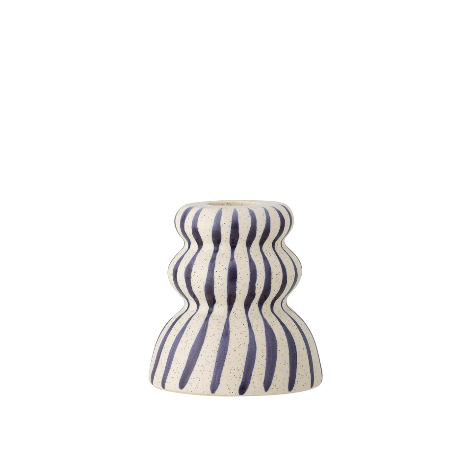 Ceramic candle holder with wavy blue stripes on a white background