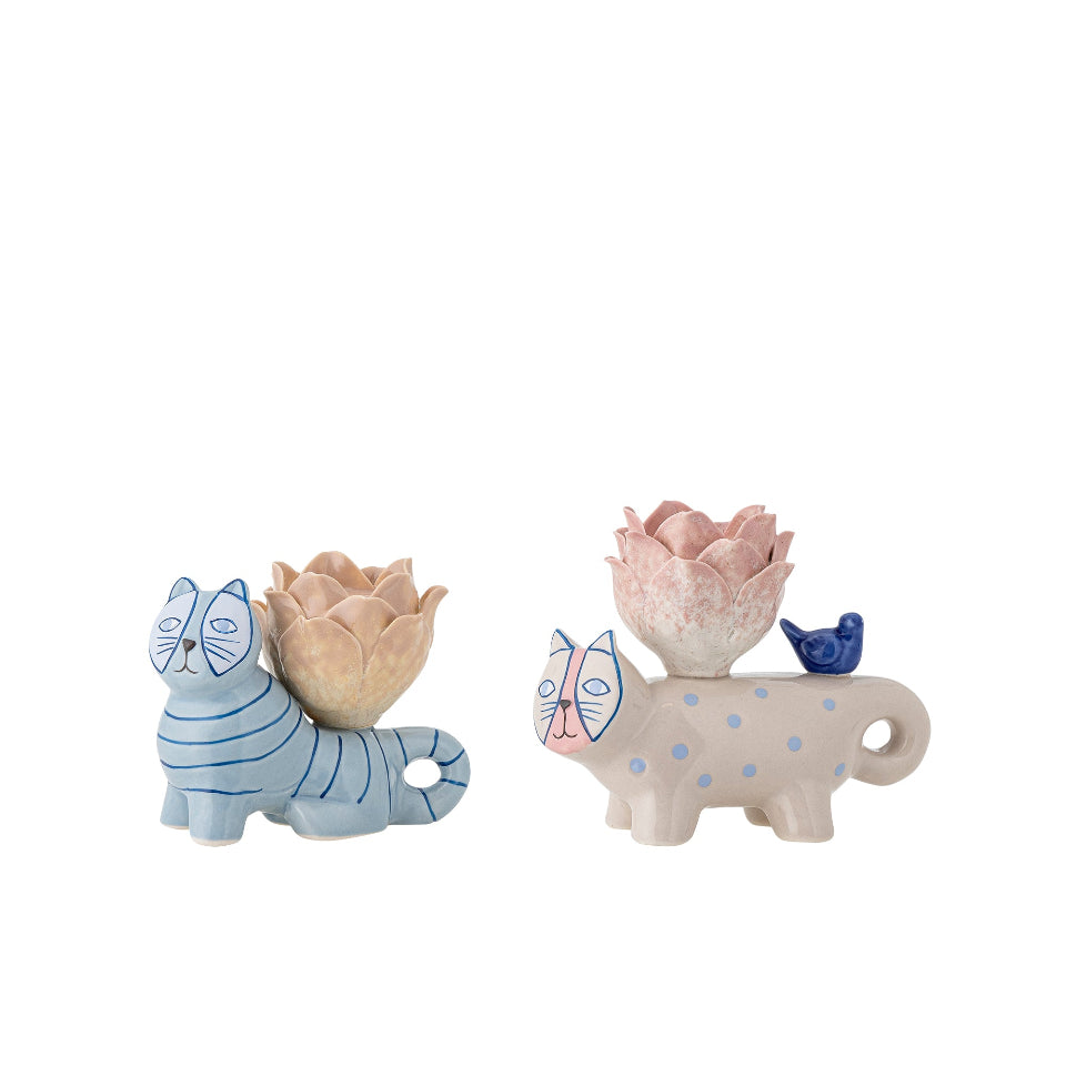 Two ceramic cat-shaped Candle holders with flower designs on a white background