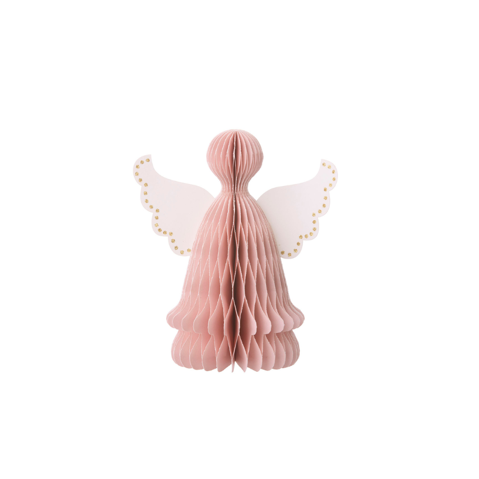 Pink angel-shaped decorative item with white wings on a white background