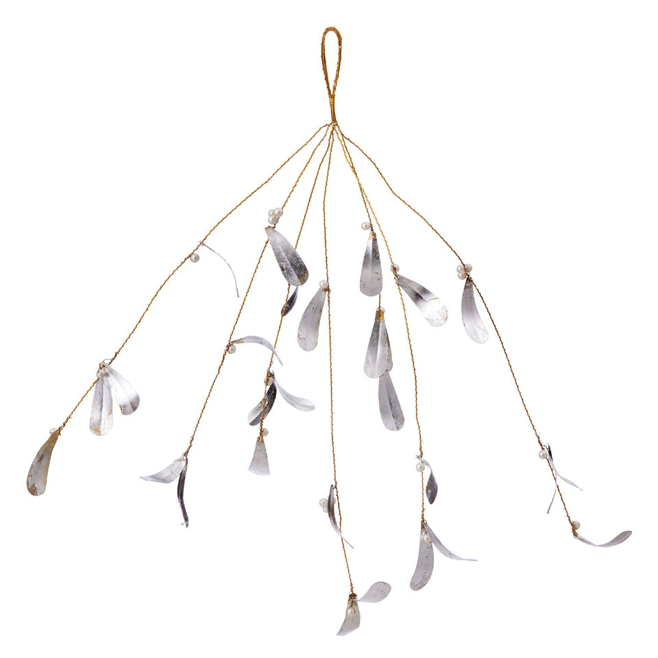 Decorative hanging with silver metal leaves and twigs on a white background