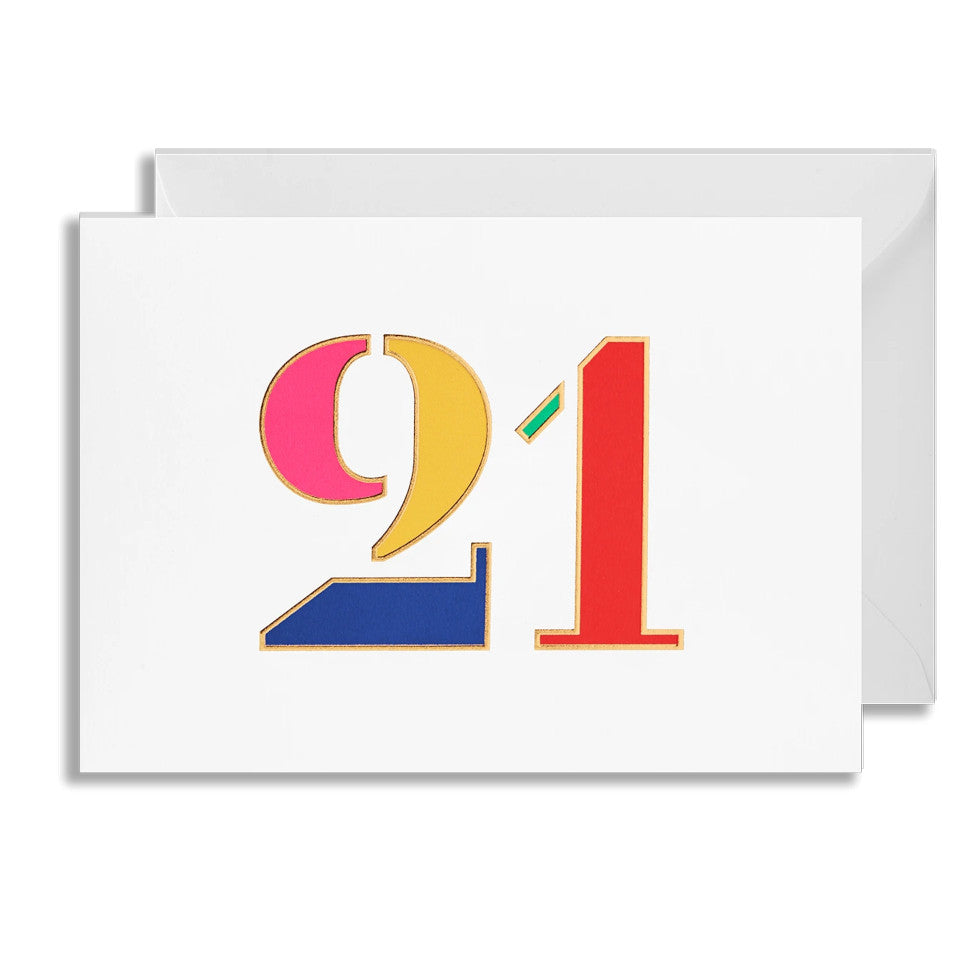 21 blank birthday card, brightly coloured numbers on a white background, with white envelope.