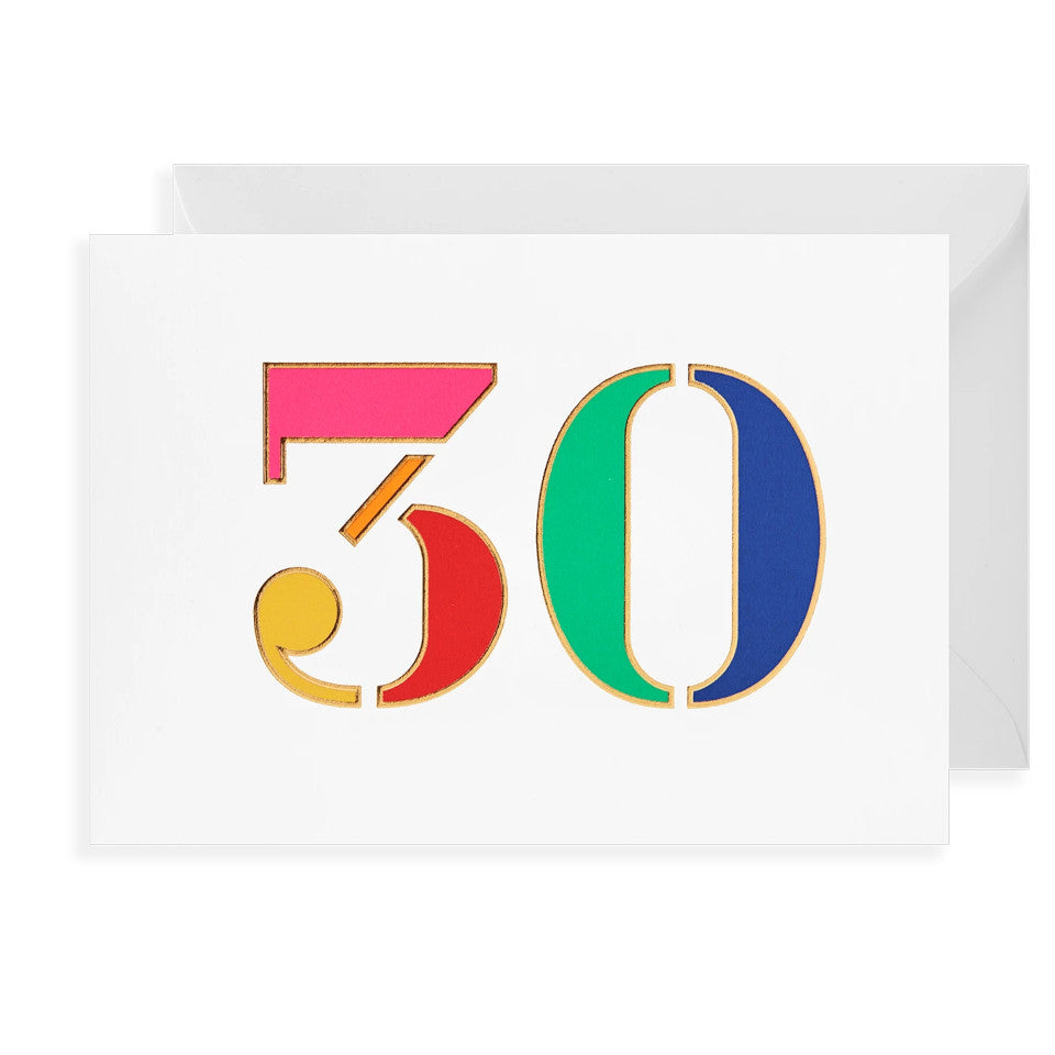 30  blank birthday card, brightly coloured numbers on a white background, with white envelope.