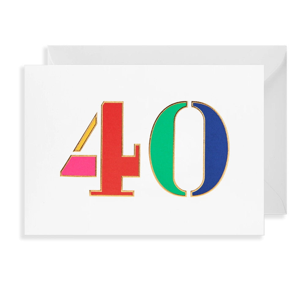 40  blank birthday card, brightly coloured numbers on a white background, with white envelope.