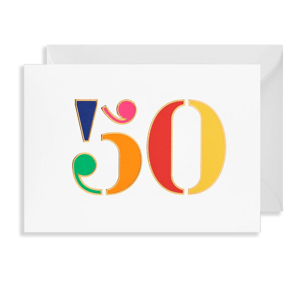 50  blank birthday card, brightly coloured numbers on a white background, with white envelope.