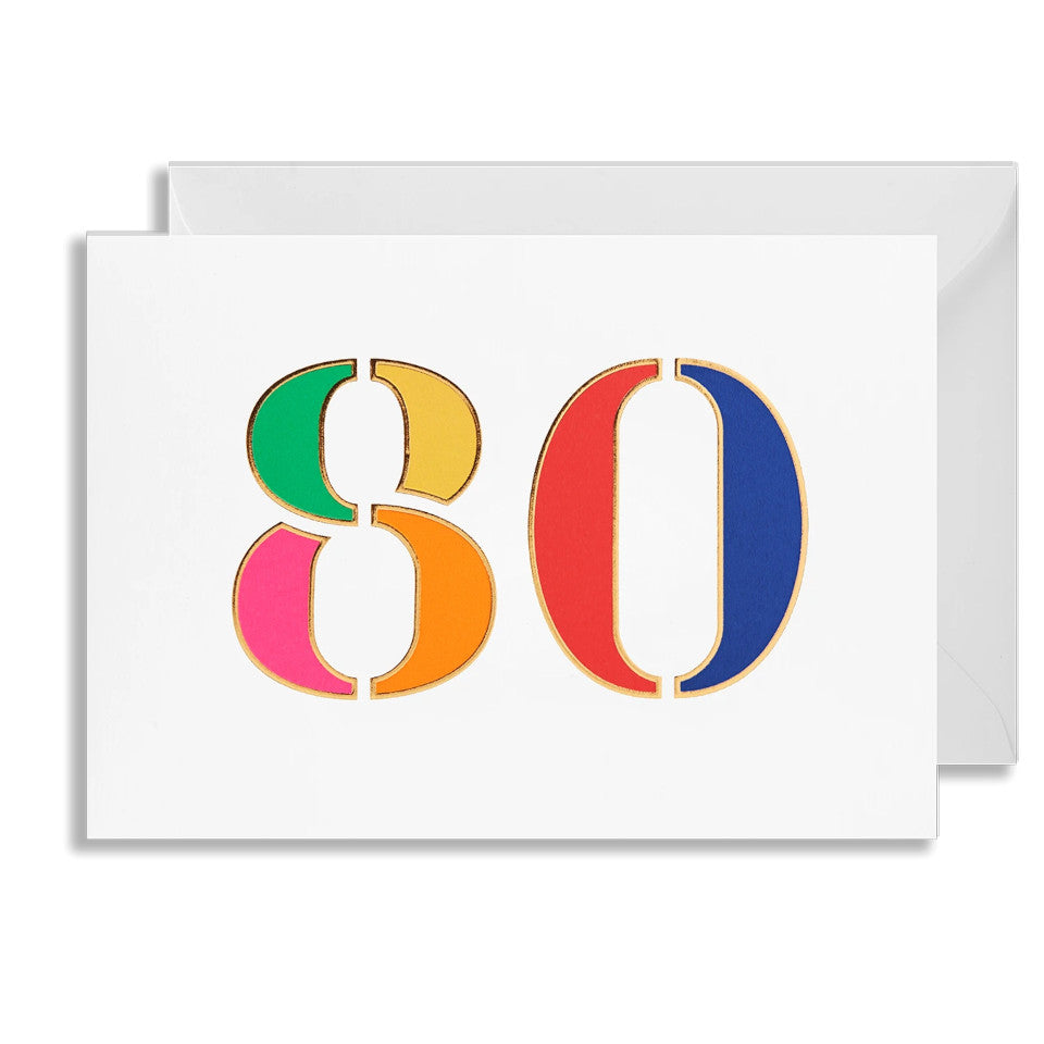 80  blank birthday card, brightly coloured numbers on a white background, with white envelope.