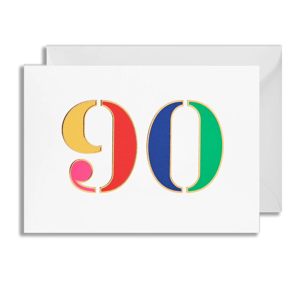 90  blank birthday card, brightly coloured numbers on a white background, with white envelope.