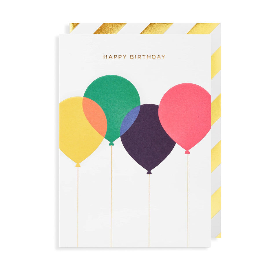Happy Birthday, blank birthday card, gold lettering above yellow, green, navy and pink overlapping balloons on a white background, with gold and white diagonal striped border envelope.