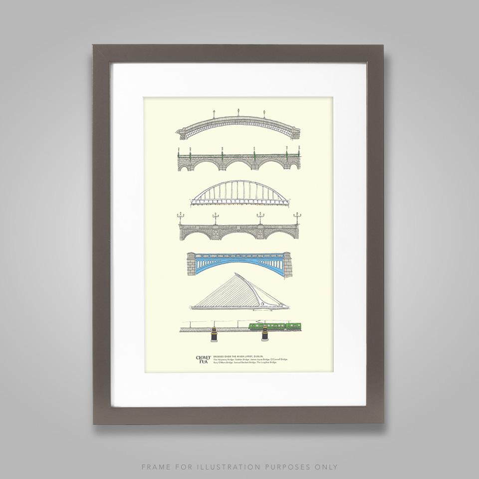 Dublin bridges A4 print, framed with 30 cm x 40 cm mount in black 30cm x 40 cm frame.
