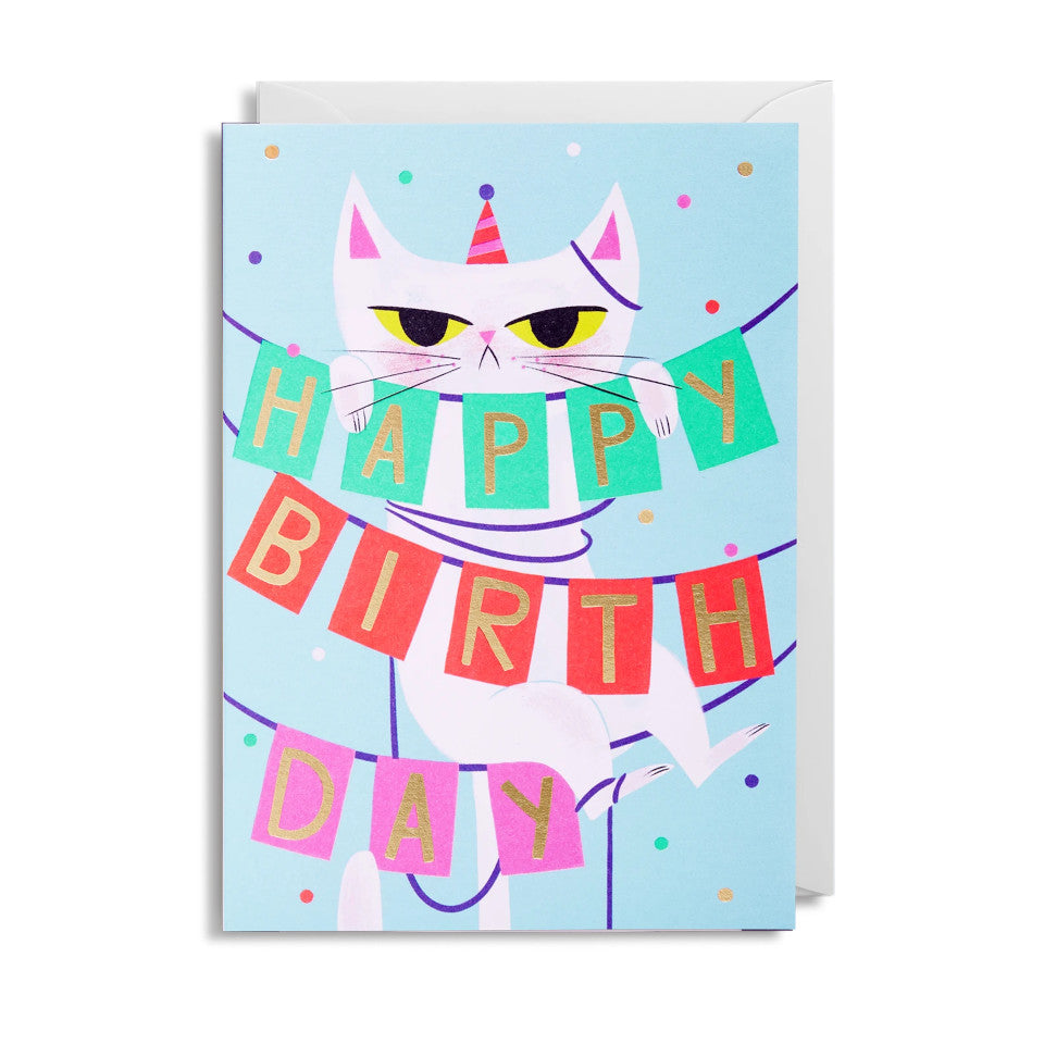 Grumpy Cat Happy Birth Day, blank greeting card, with white grumpy cat tangled in bunting spelling 'happy birthday' on an eggshell background, with white envelope.