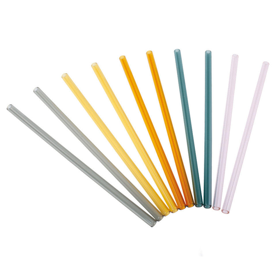 Coloured glass straws sold as a set of 5 with 1 each yellow, orange, blue, purple and grey straws.