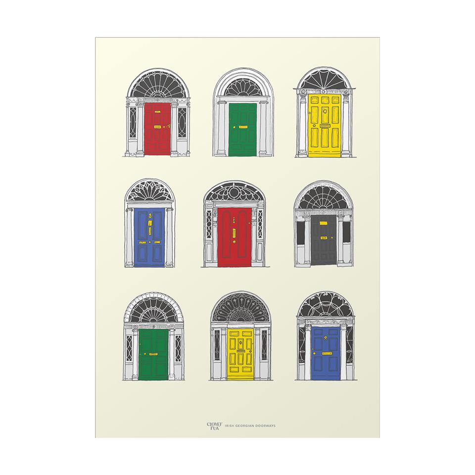 Georgian doors, primary colours, A4 print.