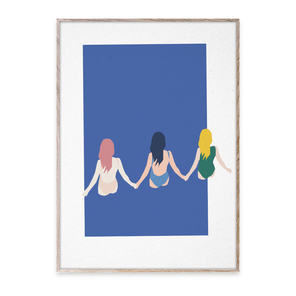 Girls three girls holding hands and wading out on blue background facing away 30x40 cm print.