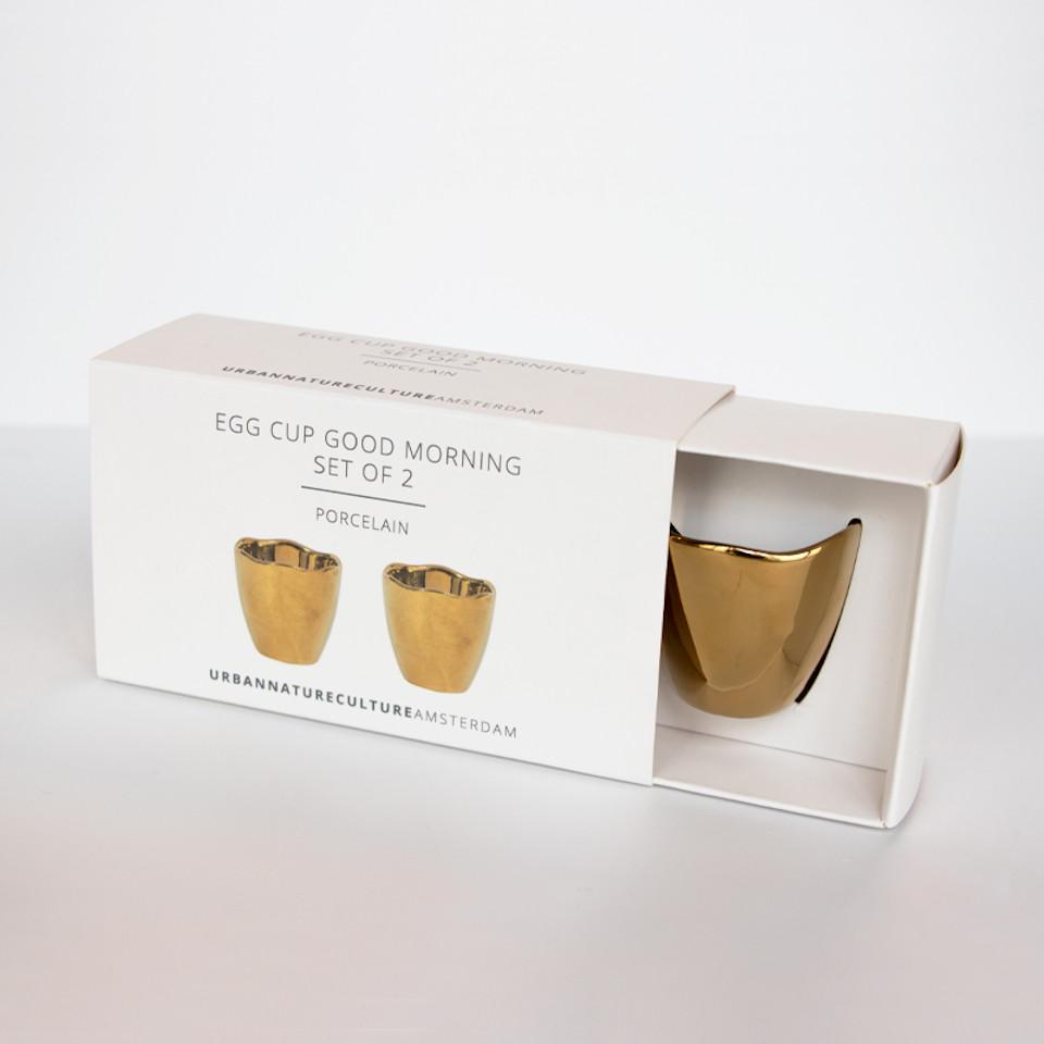 Good Morning set of 2 gold eggcups in gift box.