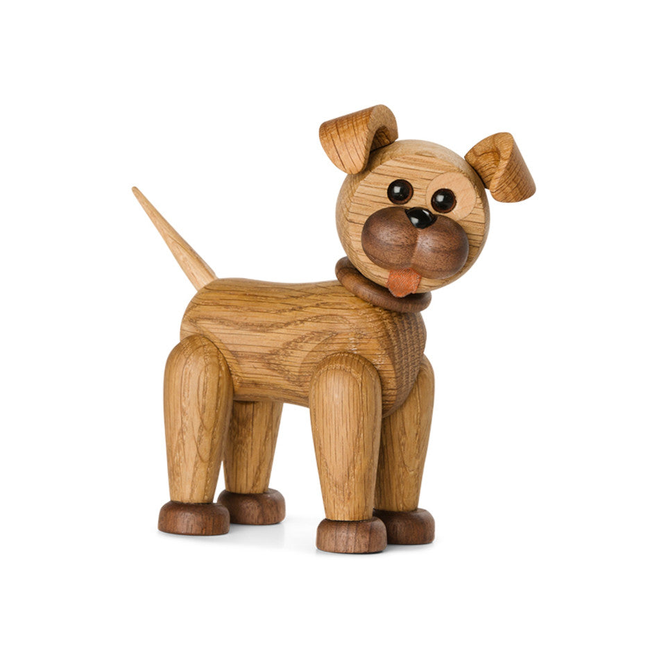 Happy Dog oak, maple and leather figure with adjustable legs and head.