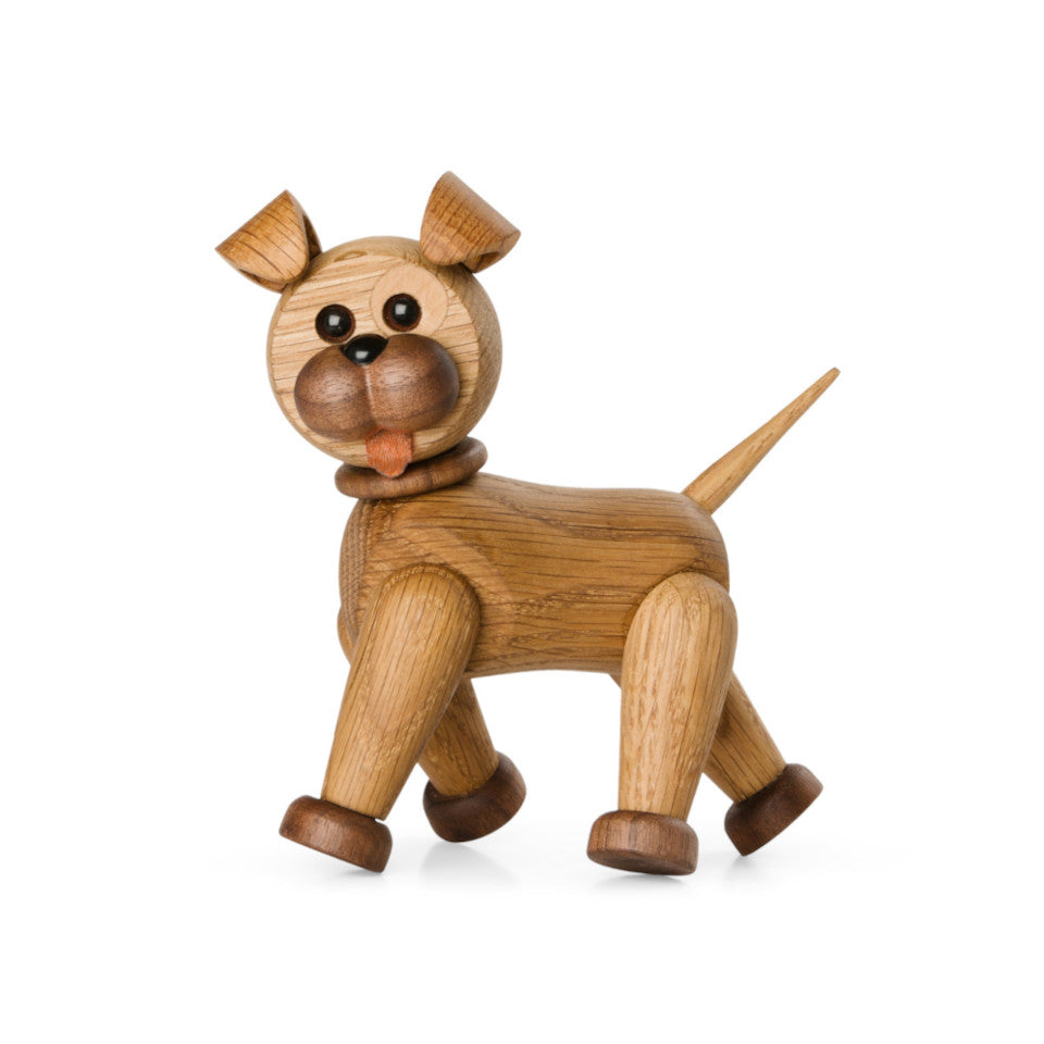 Happy Dog oak, maple and leather figure with adjustable legs and head, walking.