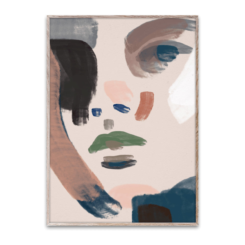 Her 30 x 40 cm unframed print, abstract portrait in blue and earth colours. 