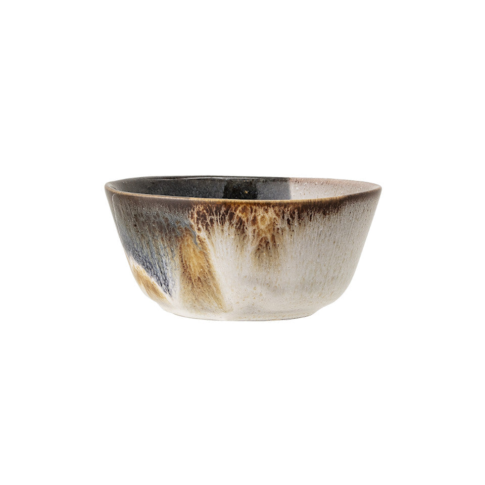 Jules bowl, natural glaze with abstract blue and sand accent glaze.