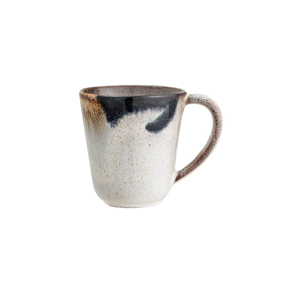 Jules mug, natural glaze with abstract blue and sand accent glaze.