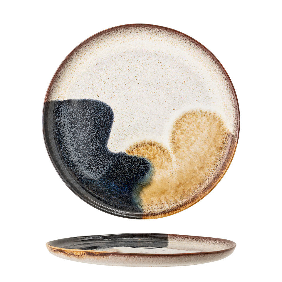 Jules dessert plate, natural glaze with abstract blue and sand accent glaze, side and top views.
