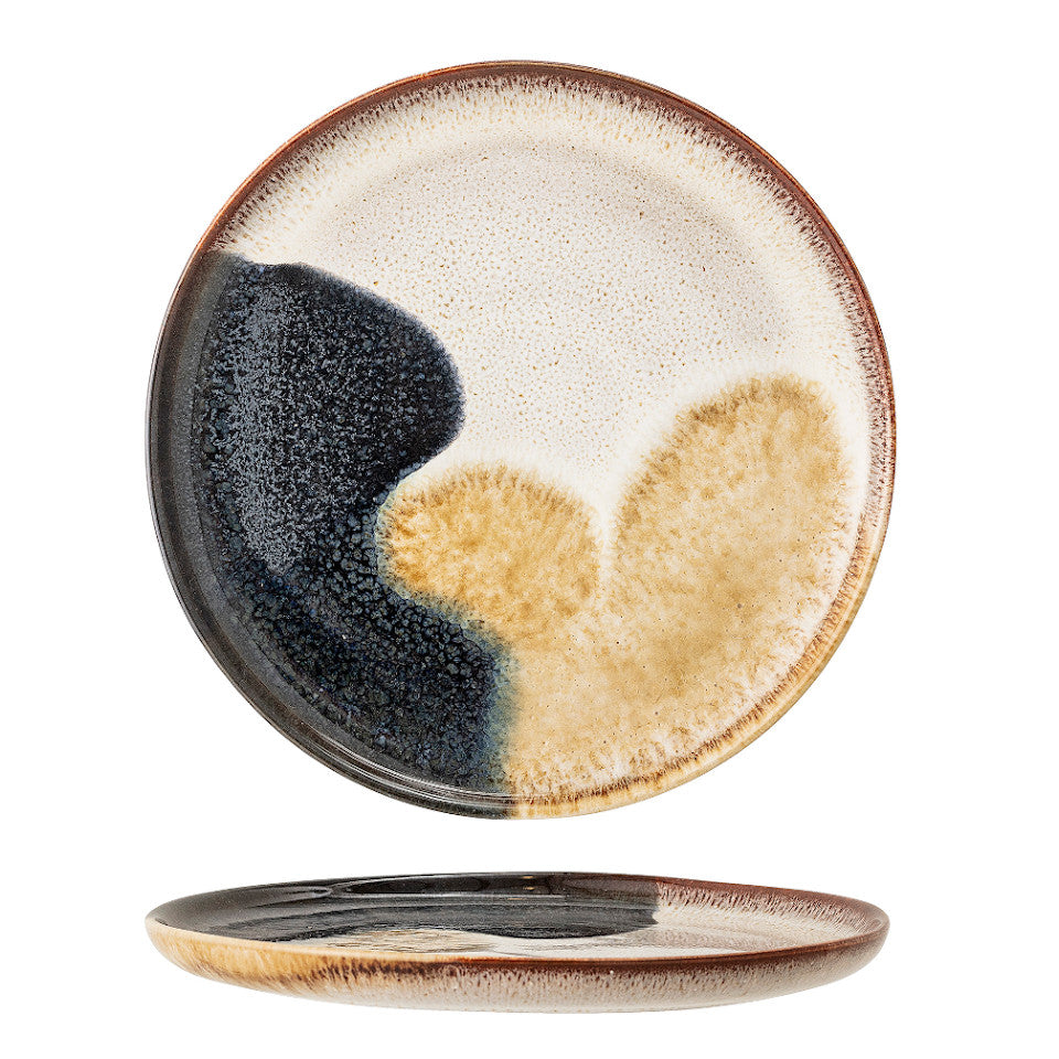 Jules dinner plate, natural glaze with abstract blue and sand accent glaze, side and top views.
