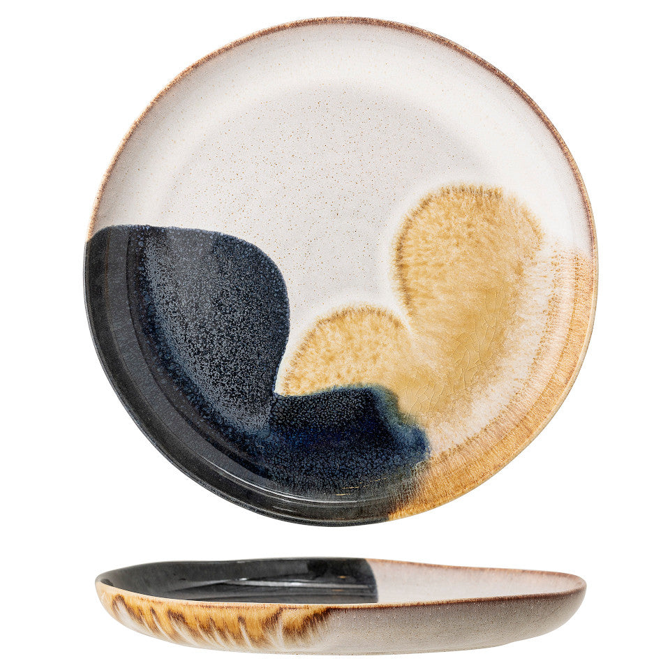 Jules serving plate, natural glaze with abstract blue and sand accent glaze, side and top views.