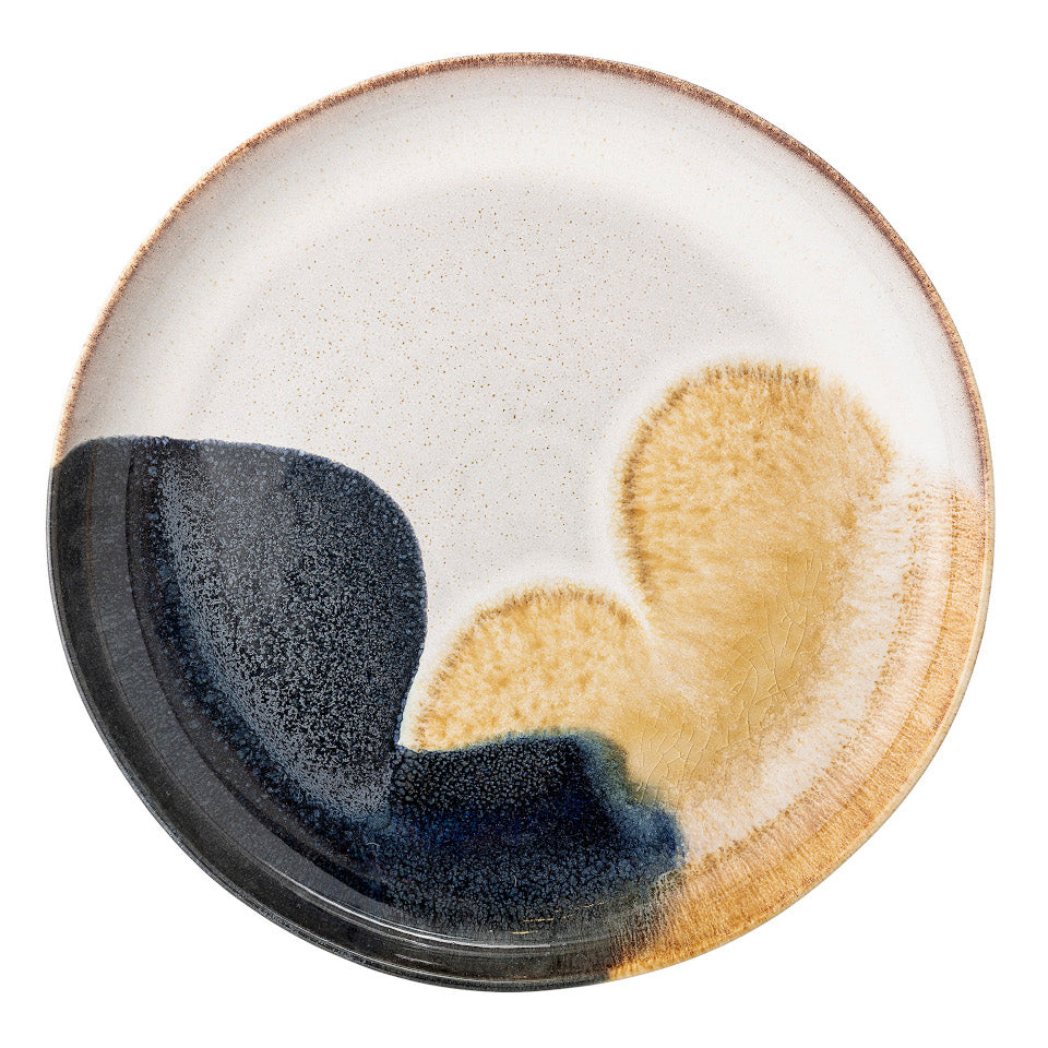 Jules serving plate, natural glaze with abstract blue and sand accent glaze.