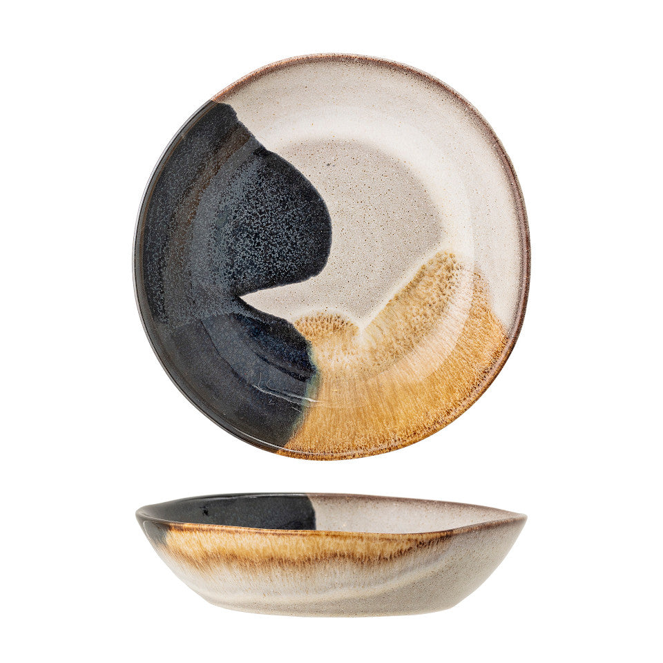 Jules soup bowl, natural glaze with abstract blue and sand accent glaze, top and side views.