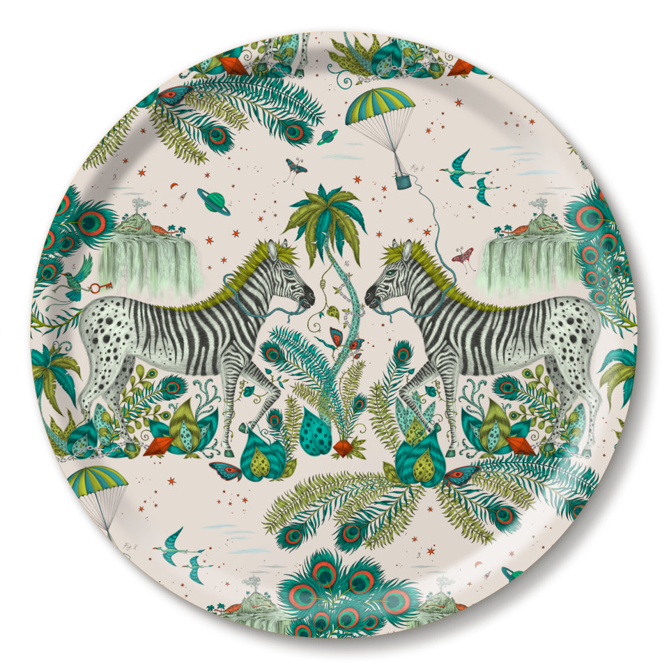 Lost World by Emma J. Shipley mirrored zebra on light background with lime highlights, round tray, 39 cm.