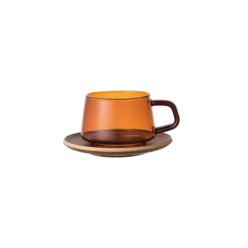 Kinto Sepia glass teacup with teak saucer.