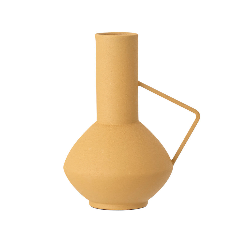 Tuscan yellow metal jug / vase with angled handle.
