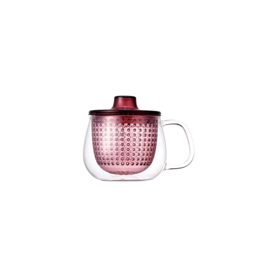 Unimug glass mug with red strainer and lid, for tea for one.