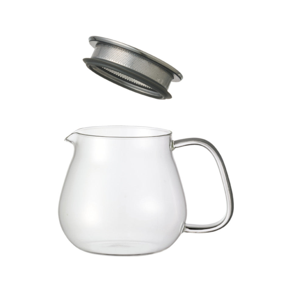 Unitea glass 460 ml teapot with stainless steel strainer lid, separated.