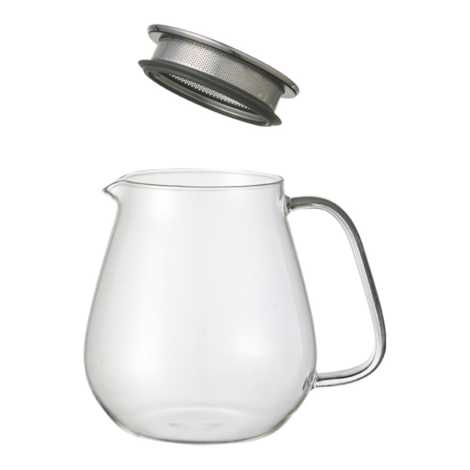 Unitea glass 720 ml teapot with stainless steel strainer lid, separated.