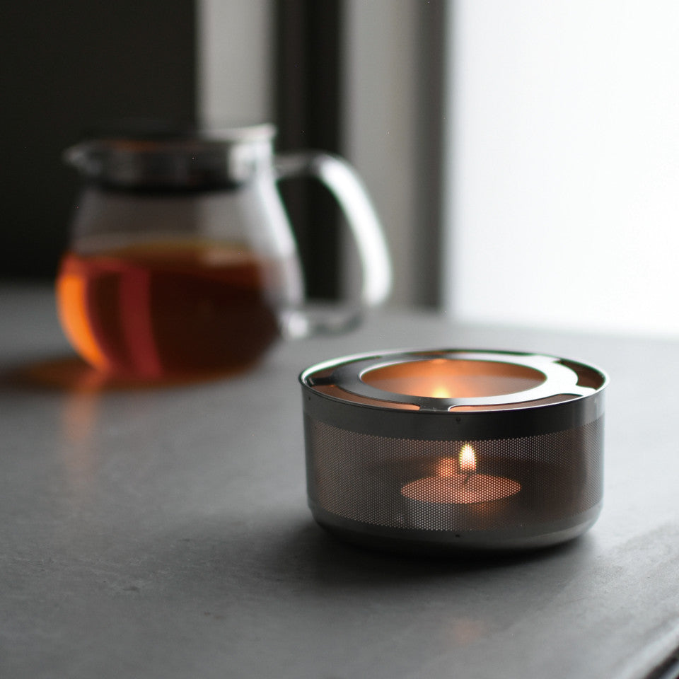 Unitea glass teapot and warmer, styled.