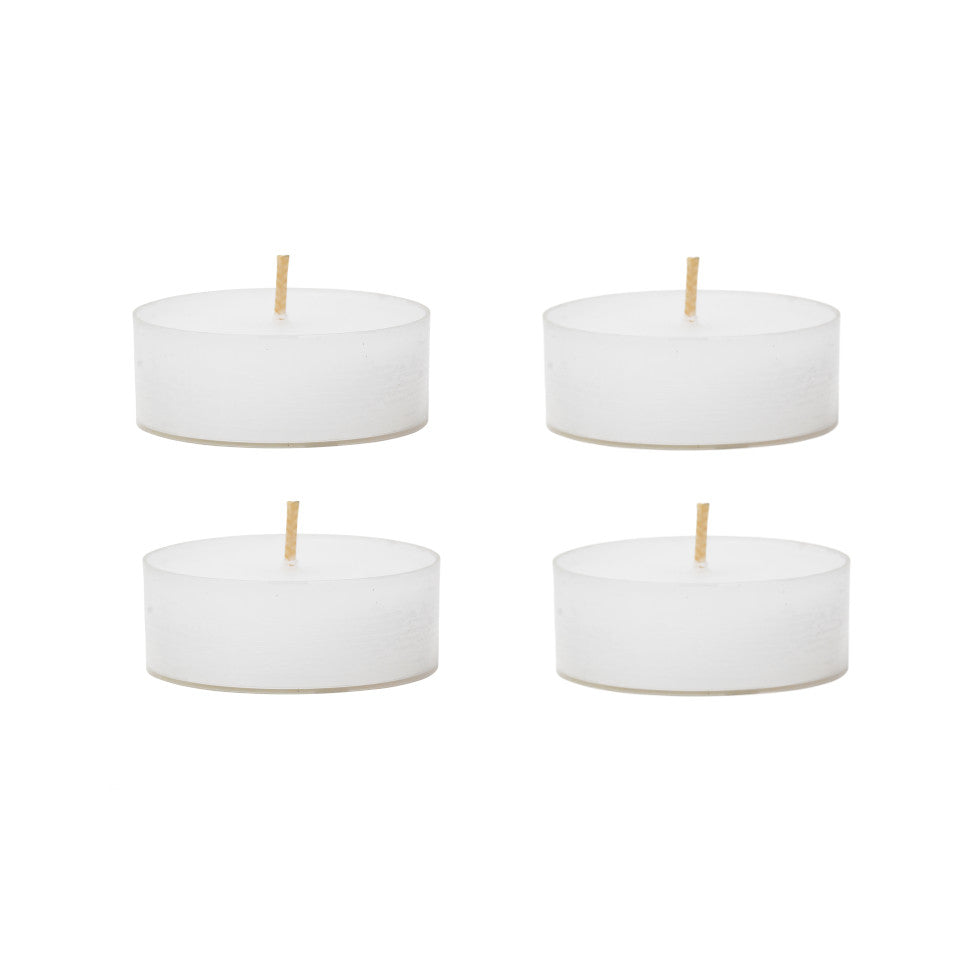 Box of 4 extra-large tea lights in clear cups, unboxed.